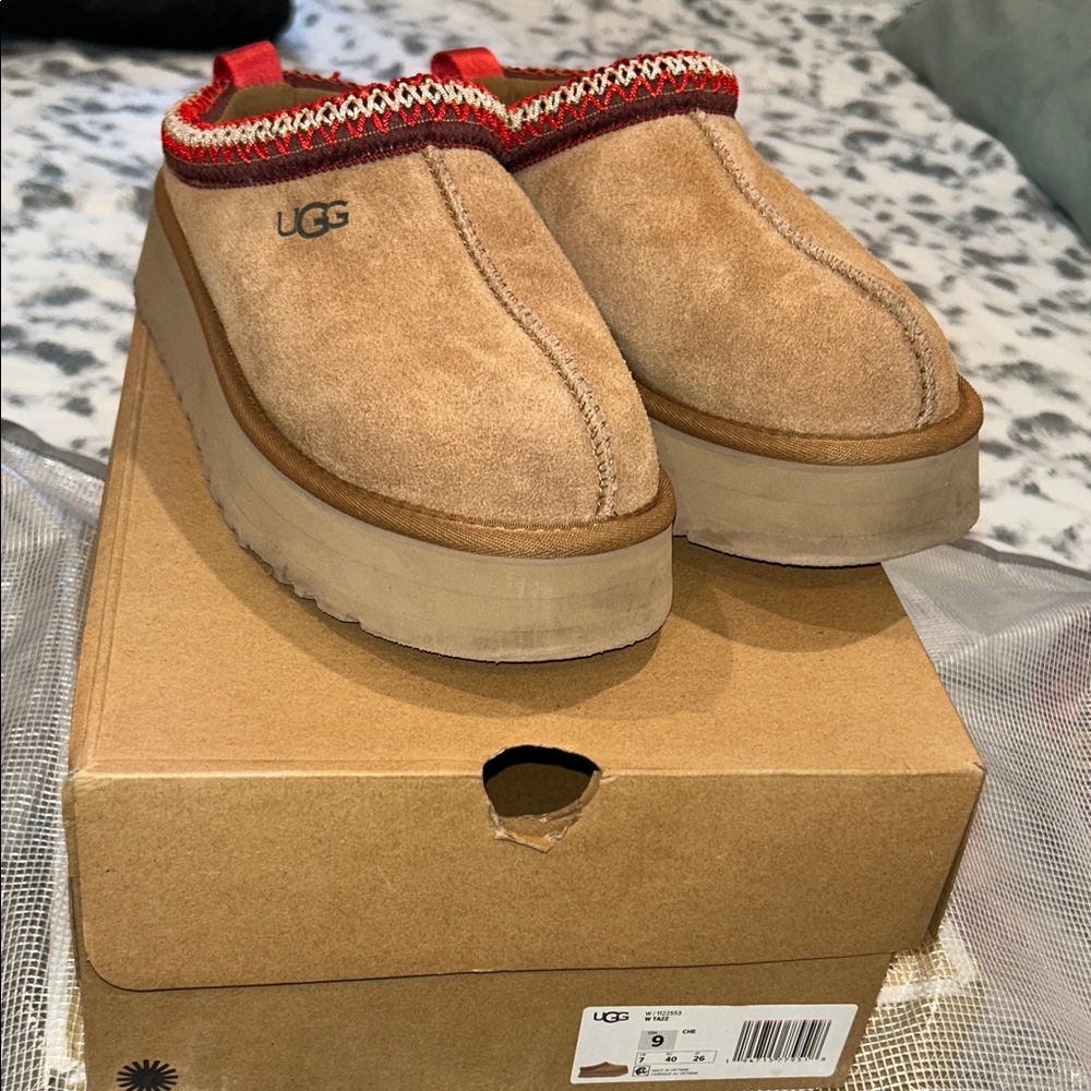 UGG Chestnut Suede Platform Mules with Red Trim